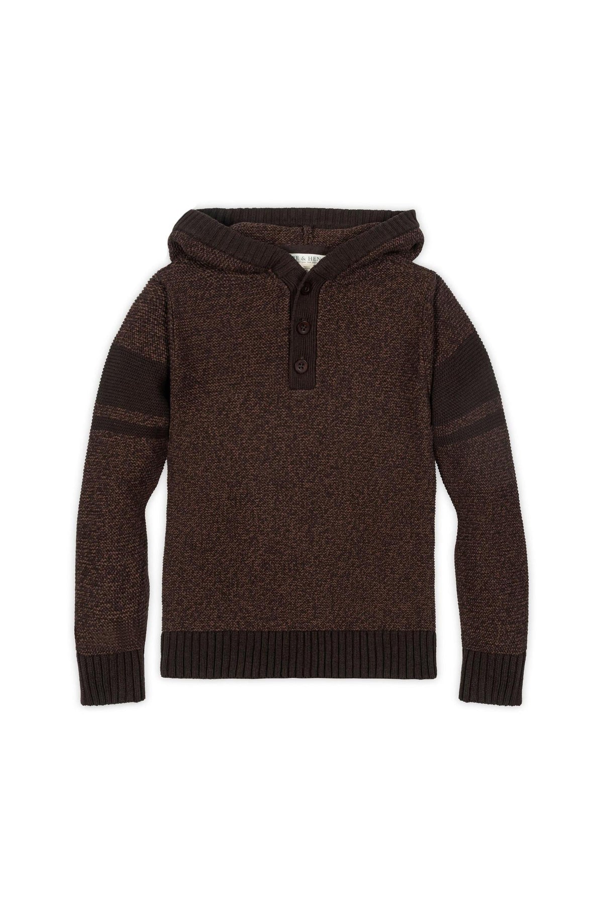 Brown organic cotton hooded henley sweater for boys featuring a button placket and ribbed cuffs, ideal for casual wear.