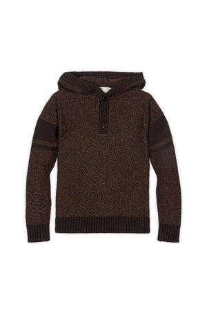 Brown organic cotton hooded henley sweater for boys featuring a button placket and ribbed cuffs, ideal for casual wear.