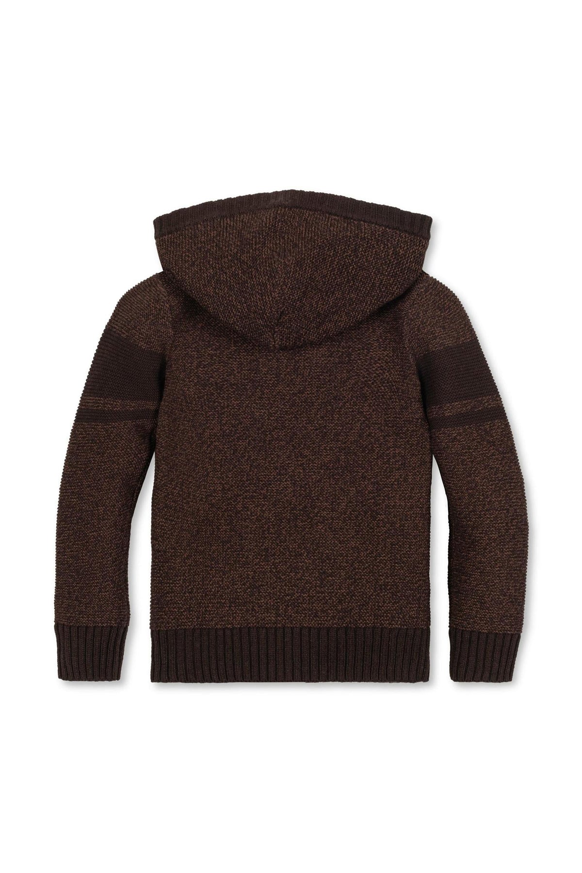 Back view of a chocolate brown hooded henley sweater with ribbed cuffs, showcasing a textured knit design.