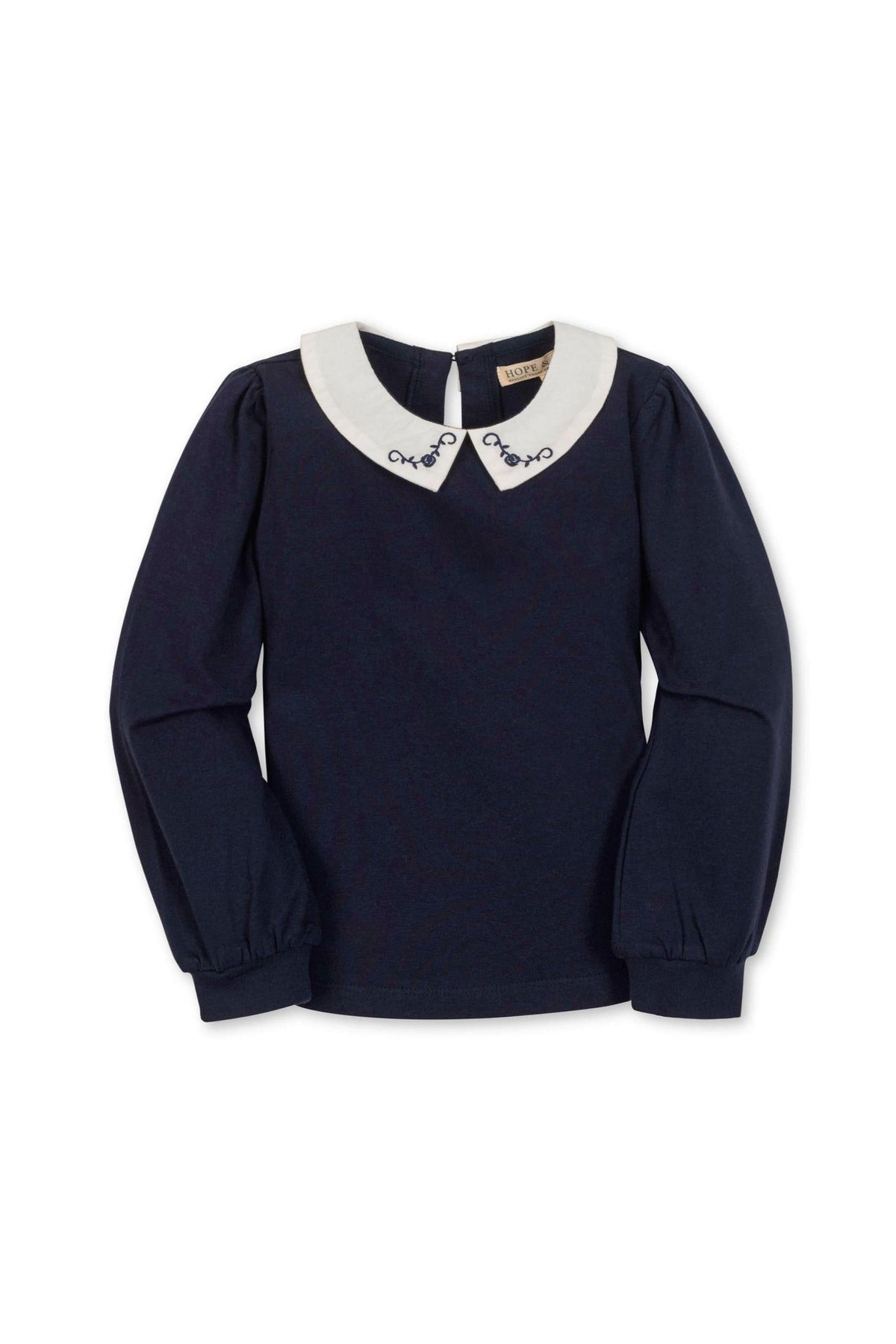 Navy long-sleeve knit top featuring a white Peter Pan collar with embroidered details, designed for toddler and kids.