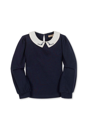 Navy long-sleeve knit top featuring a white Peter Pan collar with embroidered details, designed for toddler and kids.