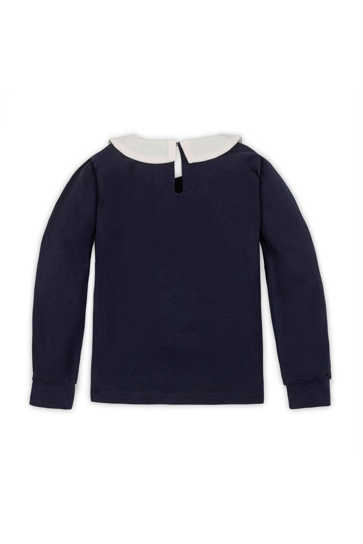 Navy long-sleeve knit top featuring a white Peter Pan collar and a back keyhole neck closure, made from organic cotton.