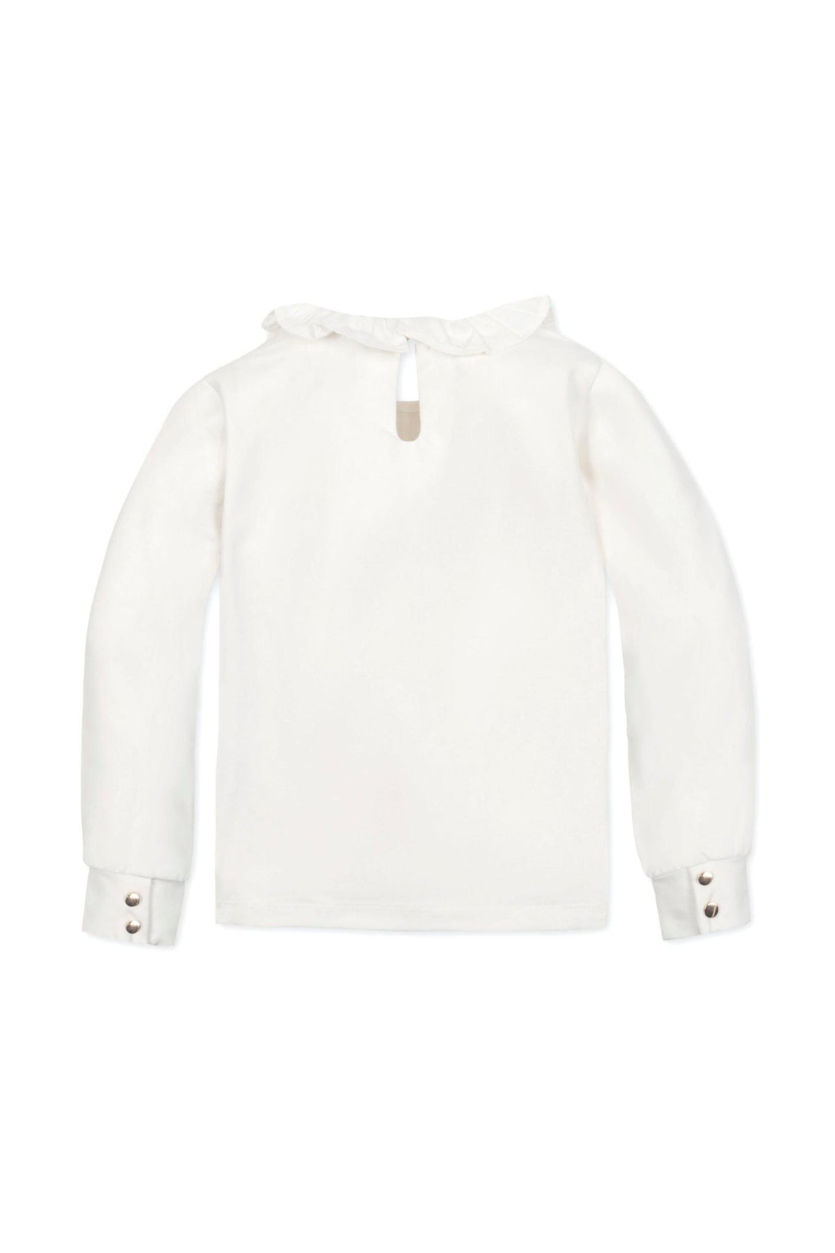 White long-sleeve knit top featuring a ruffle collar and buttoned cuffs, designed for toddlers and kids.