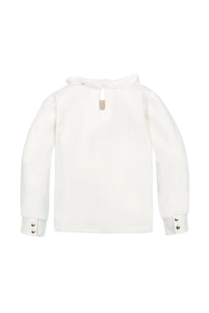 White long-sleeve knit top featuring a ruffle collar and buttoned cuffs, designed for toddlers and kids.