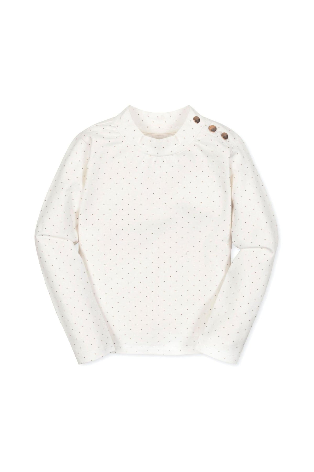 Soft white mock neck knit top featuring a dotted pattern and gold shoulder buttons. Made from organic cotton, this versatile piece is perfect for toddlers and kids.