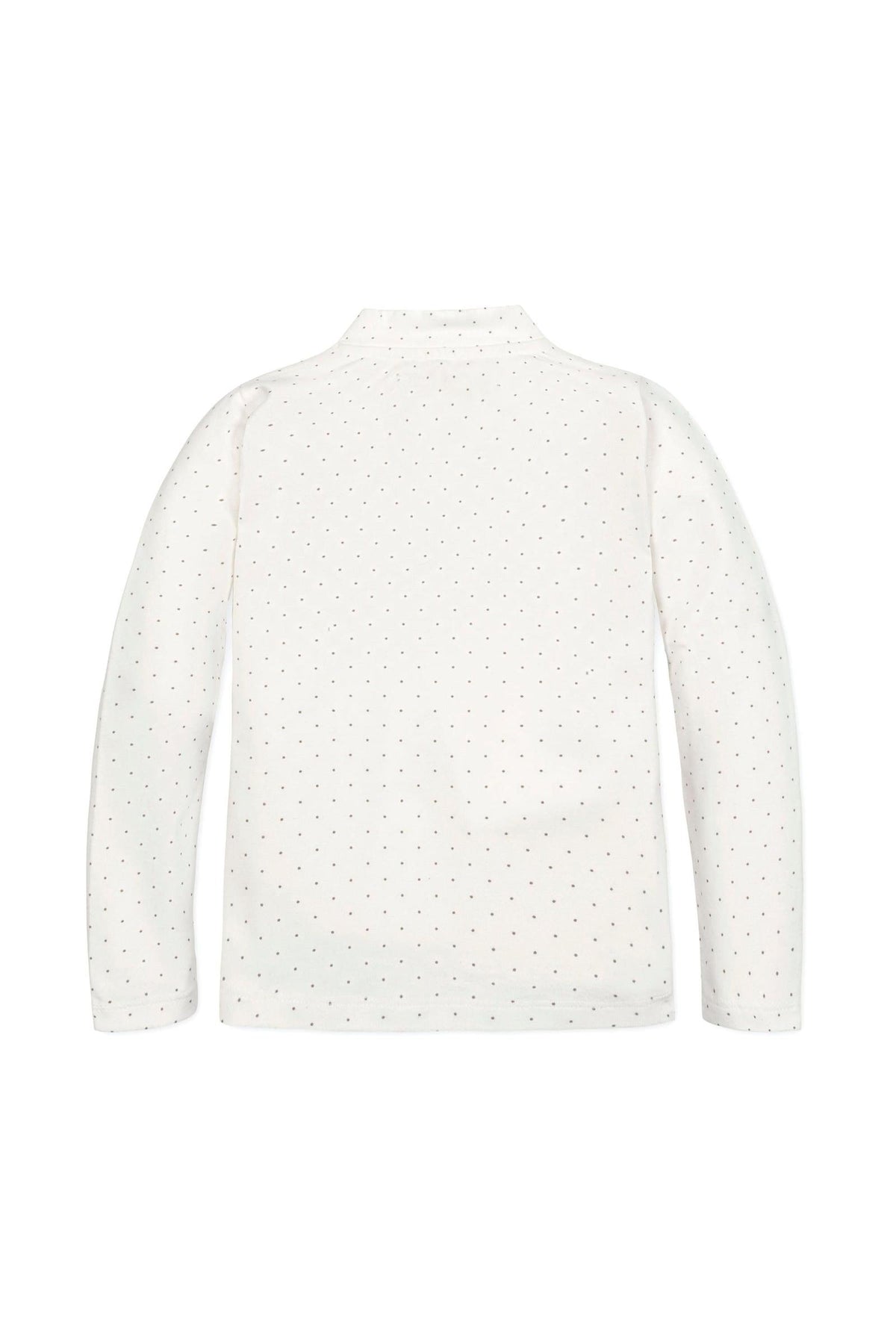 Back view of a soft white organic cotton mock neck knit top for girls, featuring a dotted pattern and long sleeves, perfect for layering in cooler weather.