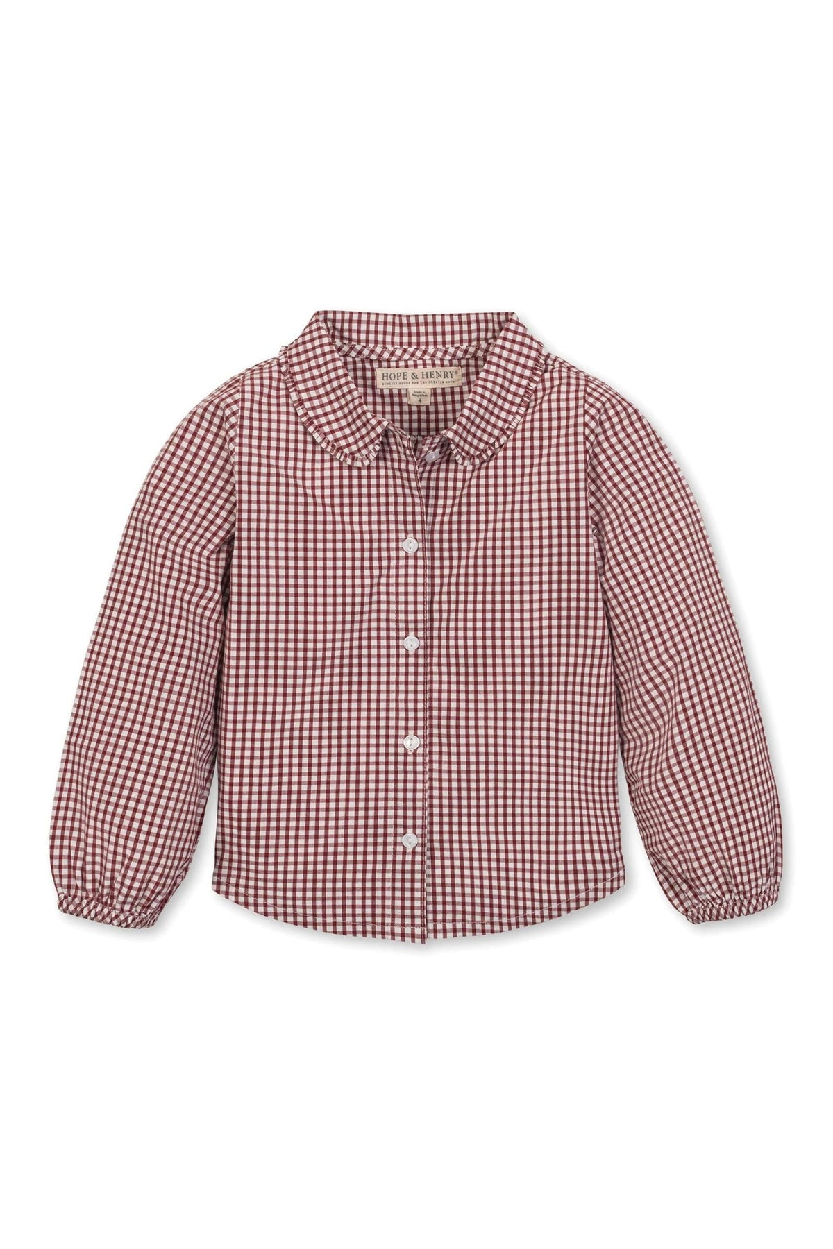 Red and white checkered button-down shirt with a Peter Pan collar and pearlized buttons, designed for toddlers and kids.