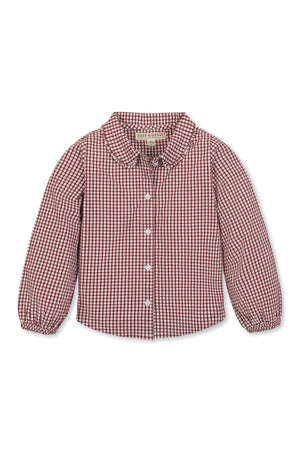 Red and white checkered button-down shirt with a Peter Pan collar and pearlized buttons, designed for toddlers and kids.
