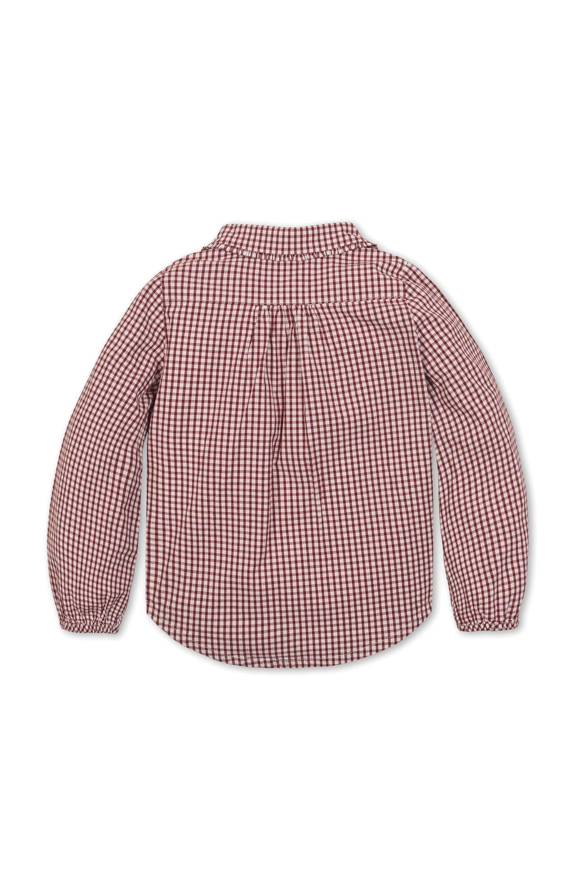 Back view of a long-sleeve, red and white gingham check shirt with a Peter Pan collar, featuring gathered details.