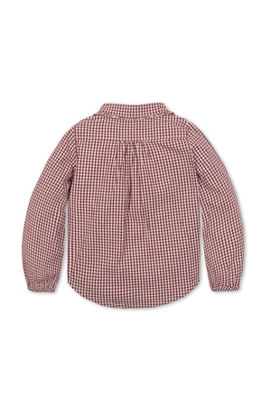 Back view of a long-sleeve, red and white gingham check shirt with a Peter Pan collar, featuring gathered details.