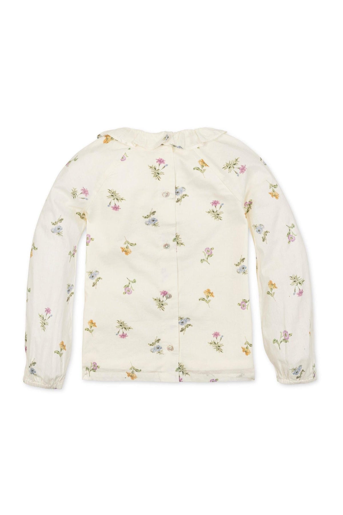 Ivory long-sleeve top featuring a ruffle collar and a delicate floral print in soft pinks, blues, and yellows.