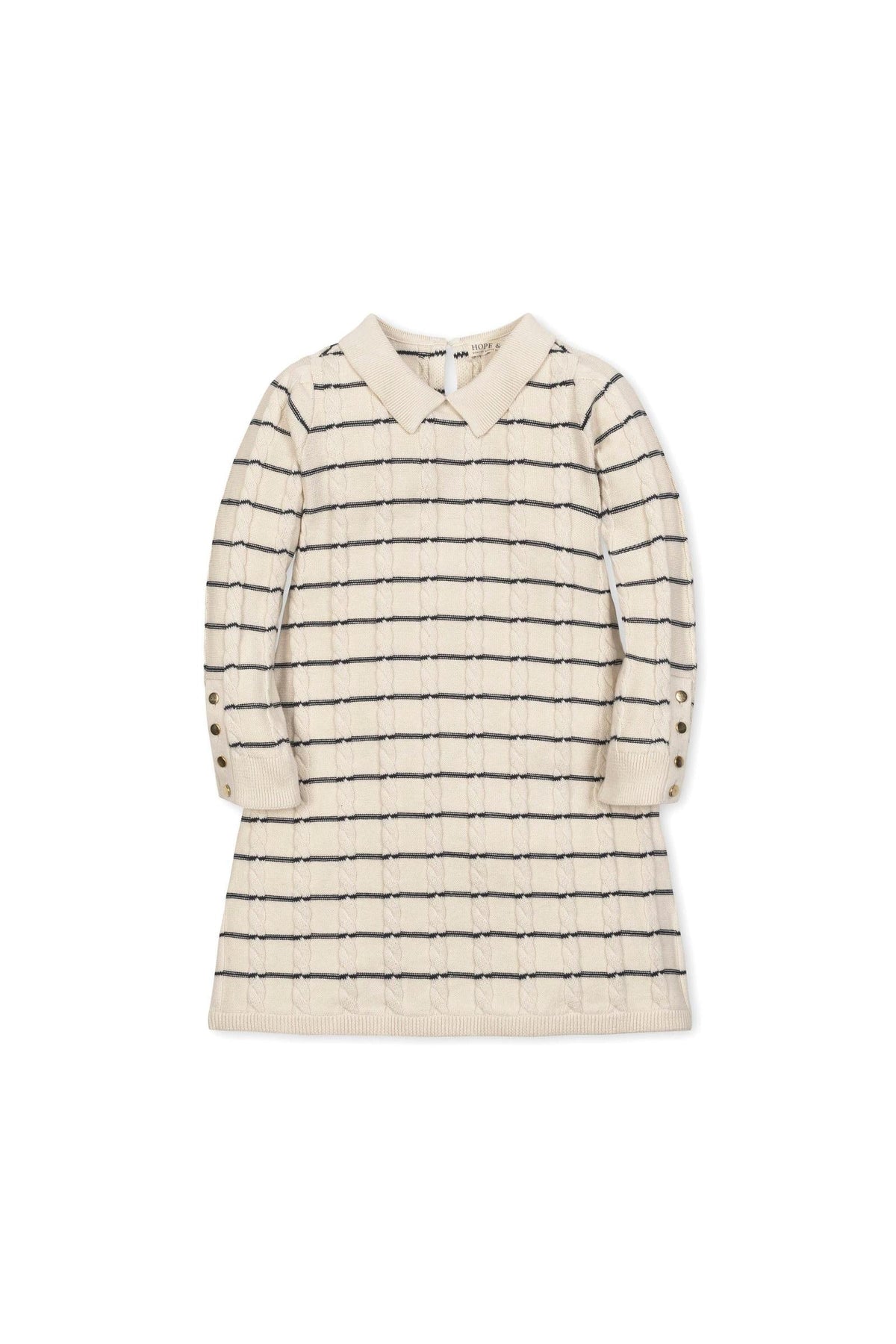 Ivory cable knit sweater dress featuring a Peter Pan collar and Breton stripes, with gold button cuffs.