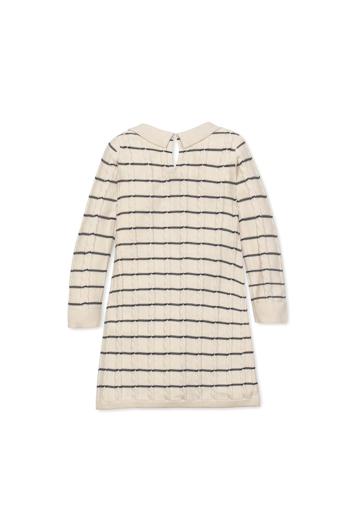 Ivory cable knit sweater dress featuring navy Breton stripes, long sleeves, and a Peter Pan collar with a back closure.