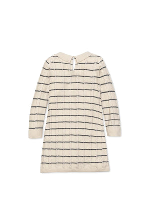 Ivory cable knit sweater dress featuring navy Breton stripes, long sleeves, and a Peter Pan collar with a back closure.
