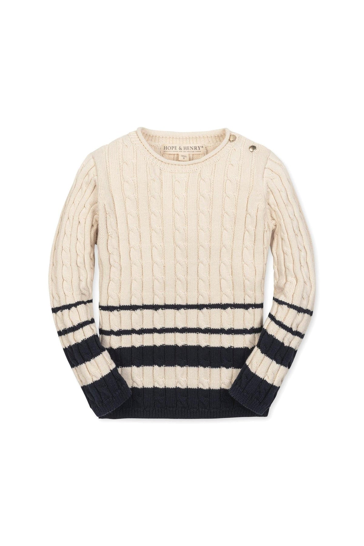 Ivory cable-knit sweater featuring navy stripes and a round neckline, designed for children by Hope & Henry. Ideal for layering.