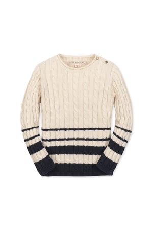 Ivory cable-knit sweater featuring navy stripes and a round neckline, designed for children by Hope & Henry. Ideal for layering.