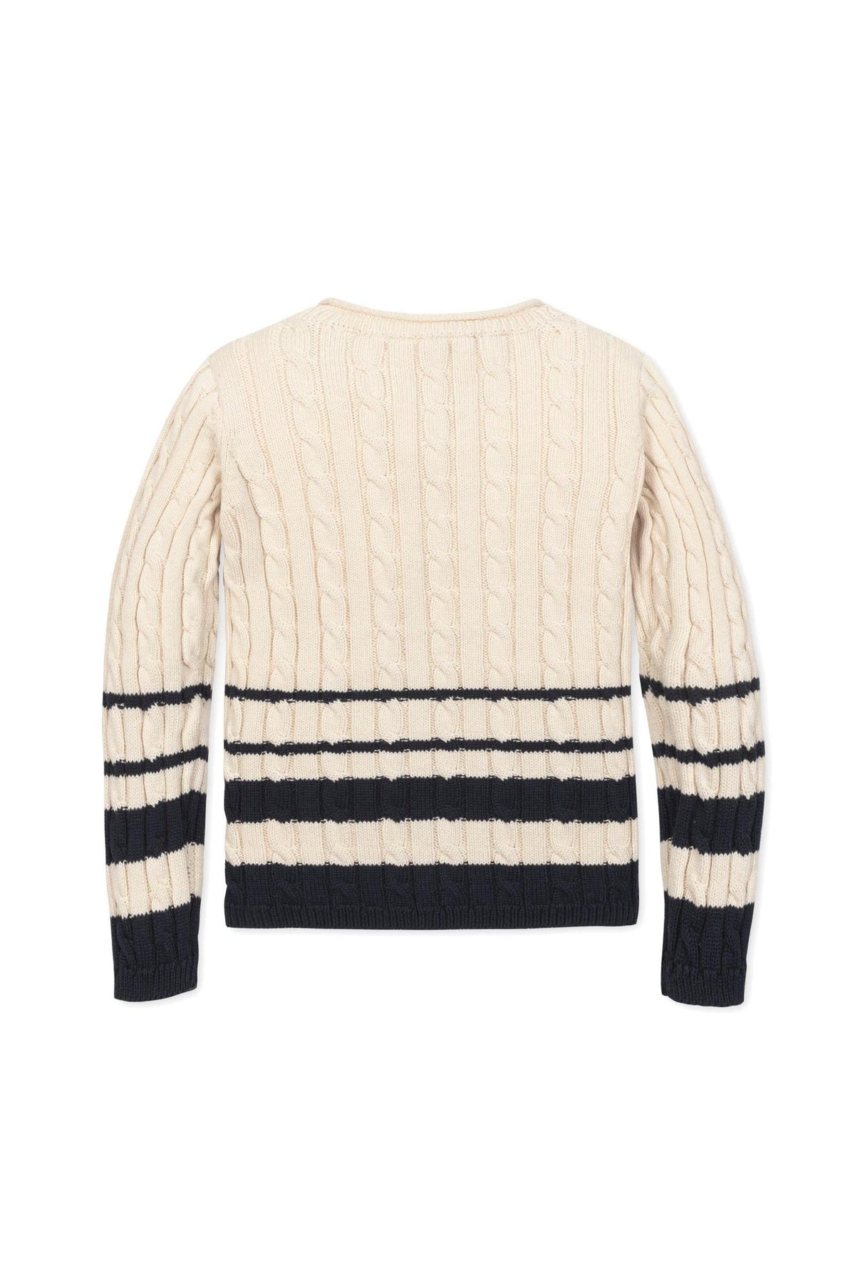 Back view of a cream cable-knit sweater with navy striped detailing, suitable for girls, made from organic cotton.