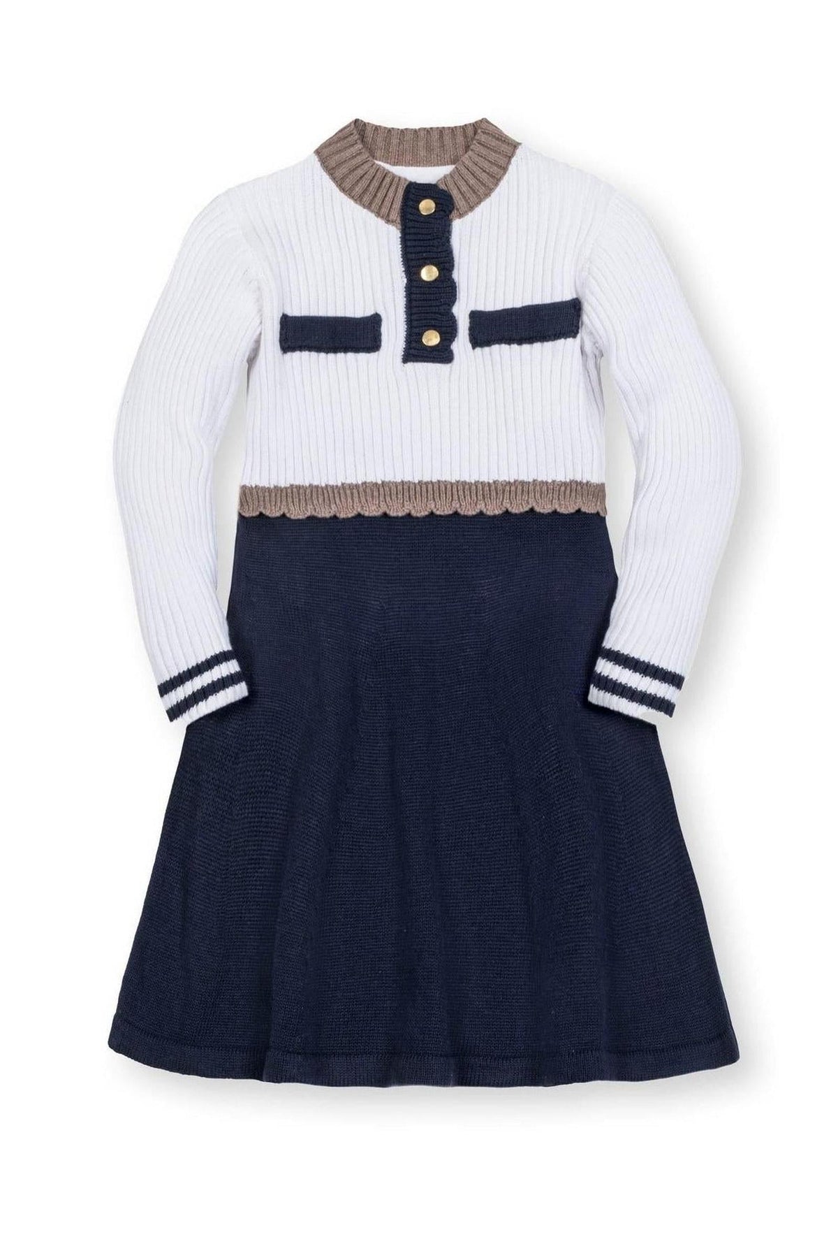 A girls sweater dress by Hope & Henry, featuring a white ribbed top with a mock neck and navy skirt. Made from soft organic cotton, it’s perfect for cooler weather.