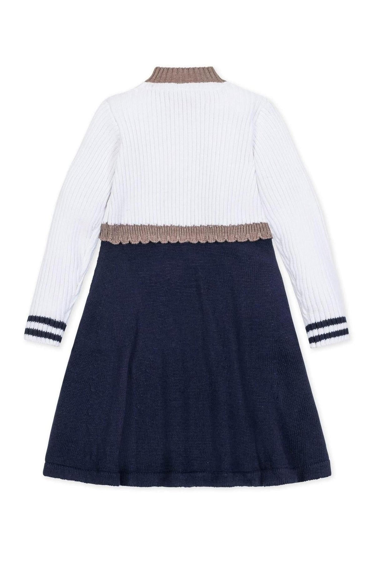 Back view of a Hope & Henry organic cotton sweater dress for girls, featuring a white ribbed upper and a navy skirt with contrast stripes, designed for toddlers and kids.