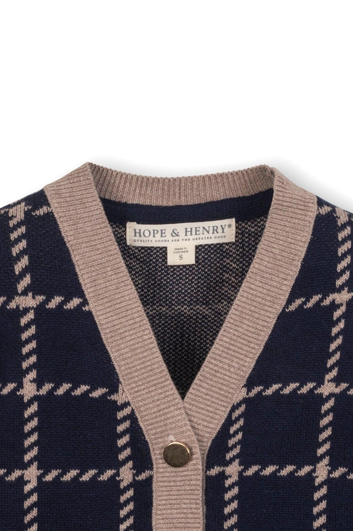 Navy and tan plaid cardigan by Hope & Henry, featuring a v-neck, gold button closure, and soft organic cotton material.