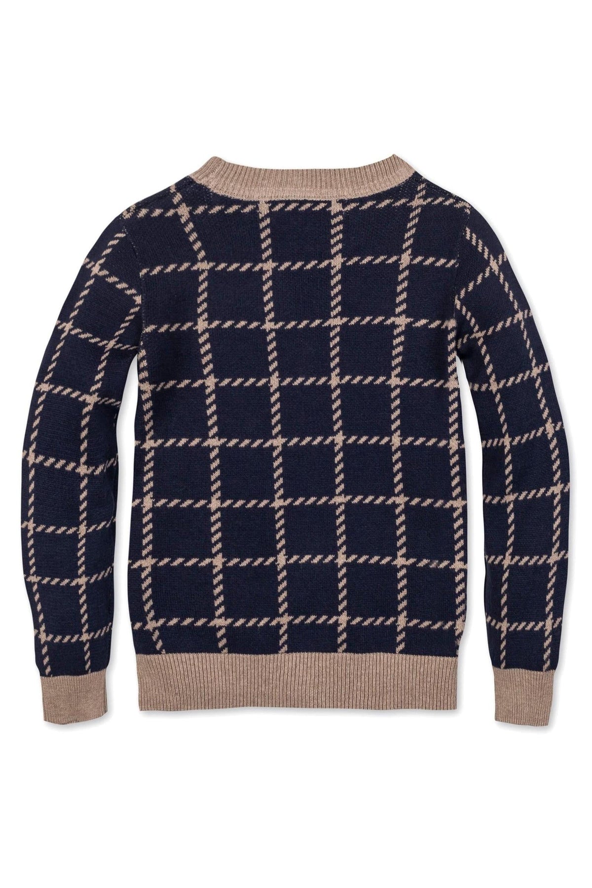 Navy cardigan with a tan check pattern, featuring long sleeves and a ribbed hem, made from soft organic cotton.