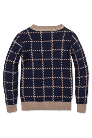 Navy cardigan with a tan check pattern, featuring long sleeves and a ribbed hem, made from soft organic cotton.