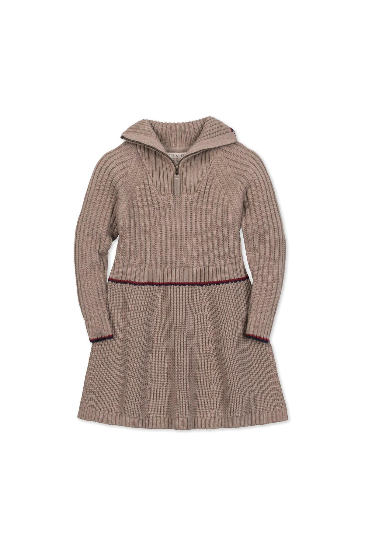 A taupe heather rib knit half zip sweater dress featuring a contrast stripe at the waist. Made from soft, breathable organic cotton, this dress is ideal for cooler weather.