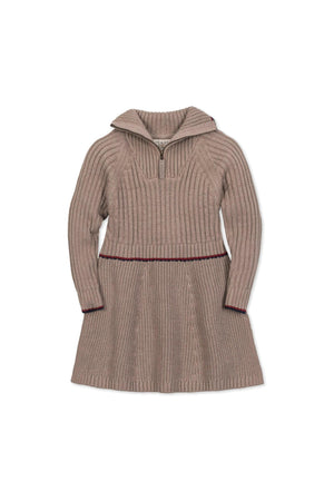 A taupe heather rib knit half zip sweater dress featuring a contrast stripe at the waist. Made from soft, breathable organic cotton, this dress is ideal for cooler weather.