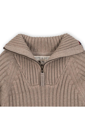 Close-up of a taupe heather rib knit half zip sweater dress by Hope & Henry, featuring a textured fabric and a stylish collar.