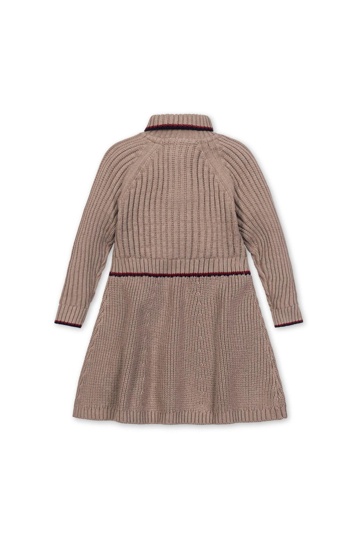 Back view of a taupe heather rib knit half zip sweater dress for girls by Hope & Henry, featuring a subtle contrast stripe at the waist.