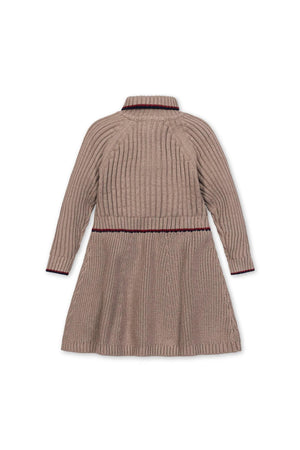 Back view of a taupe heather rib knit half zip sweater dress for girls by Hope & Henry, featuring a subtle contrast stripe at the waist.