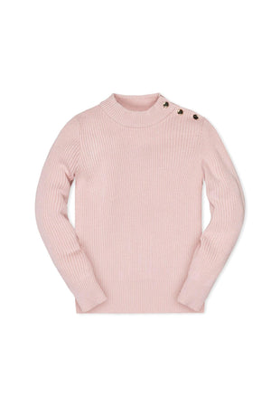 Light pink organic cotton mock neck sweater with a ribbed texture and button detail on the shoulder, designed for girls.
