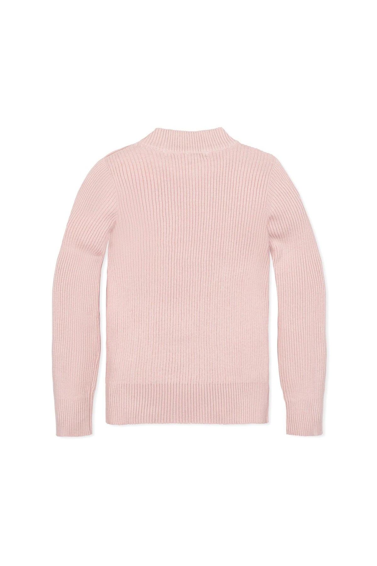 Back view of a pink, ribbed mock neck sweater for girls, showcasing long sleeves and a soft organic cotton texture.