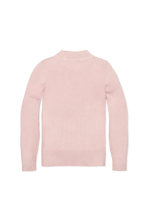 Back view of a pink, ribbed mock neck sweater for girls, showcasing long sleeves and a soft organic cotton texture.