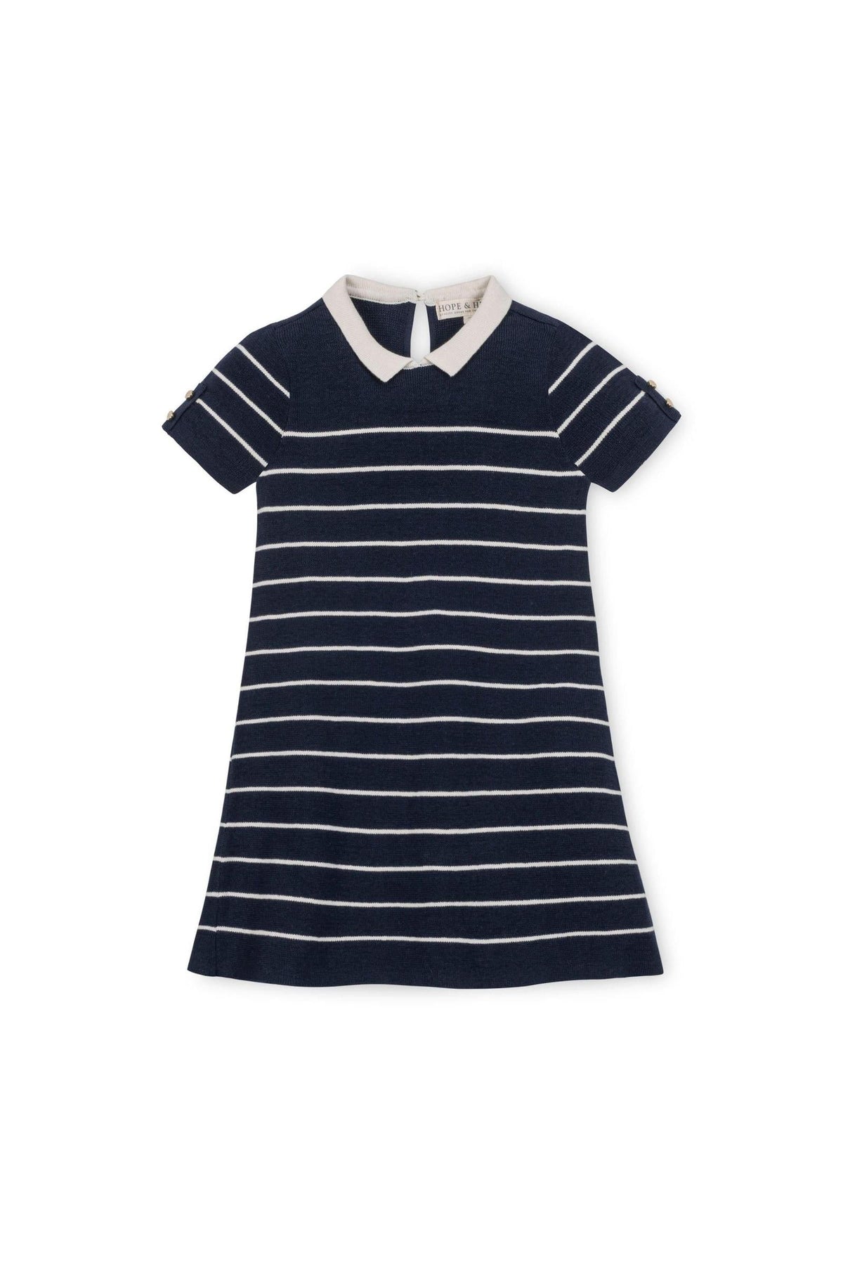 Navy and white striped short sleeve dress with a beige collar, featuring gold buttons on the sleeves.