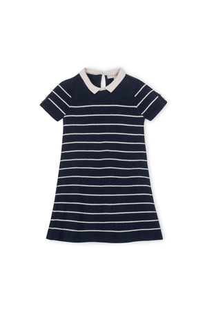 Navy and white striped short sleeve dress with a beige collar, featuring gold buttons on the sleeves.