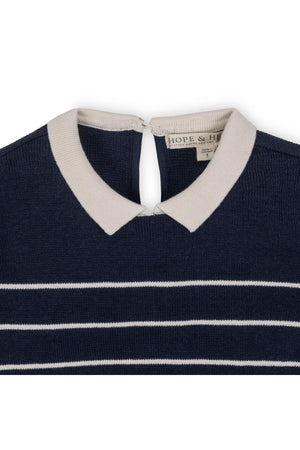 Navy and cream striped sweater dress with a knit collar, featuring Hope & Henry label and button closure.