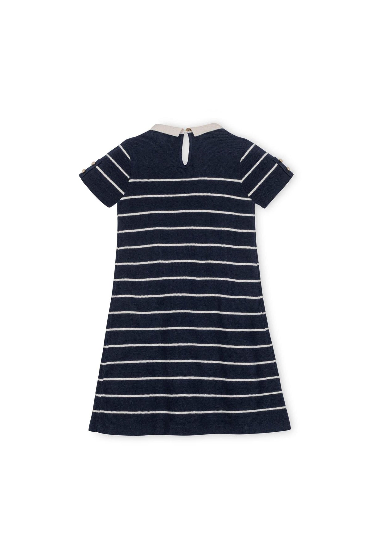 Navy and white striped short sleeve dress with a white collar and gold buttons on the sleeves.