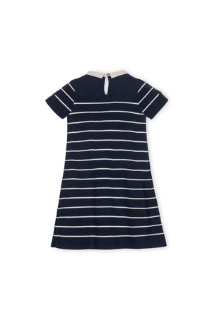 Navy and white striped short sleeve dress with a white collar and gold buttons on the sleeves.