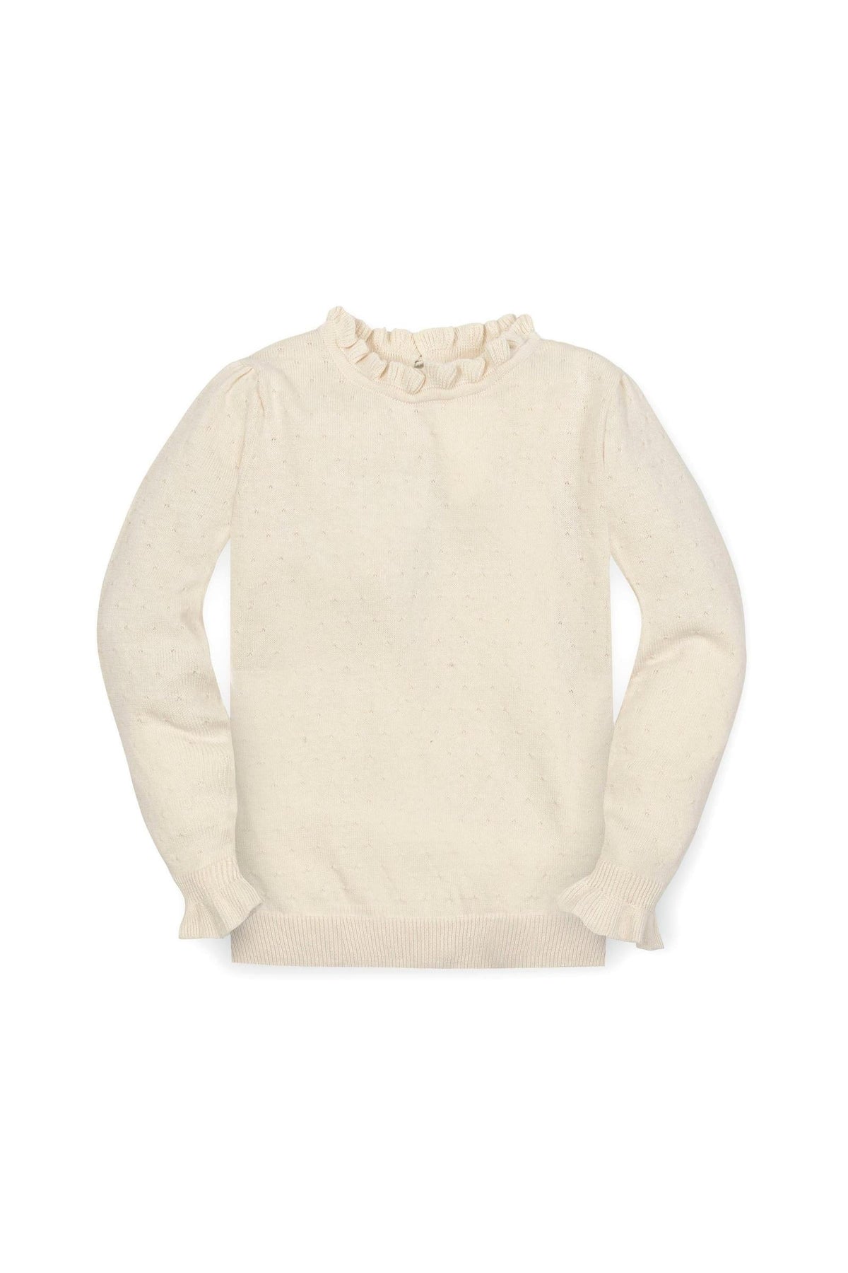 Ivory organic cotton sweater featuring ruffled edges at the collar and cuffs, ideal for toddlers and kids.