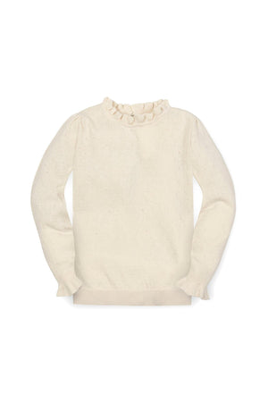 Ivory organic cotton sweater featuring ruffled edges at the collar and cuffs, ideal for toddlers and kids.