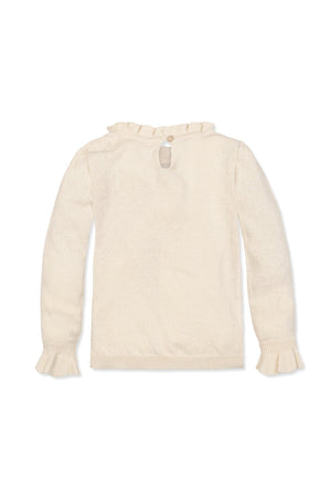 Back view of an ivory organic cotton sweater featuring ruffled edges and a keyhole closure with a button.