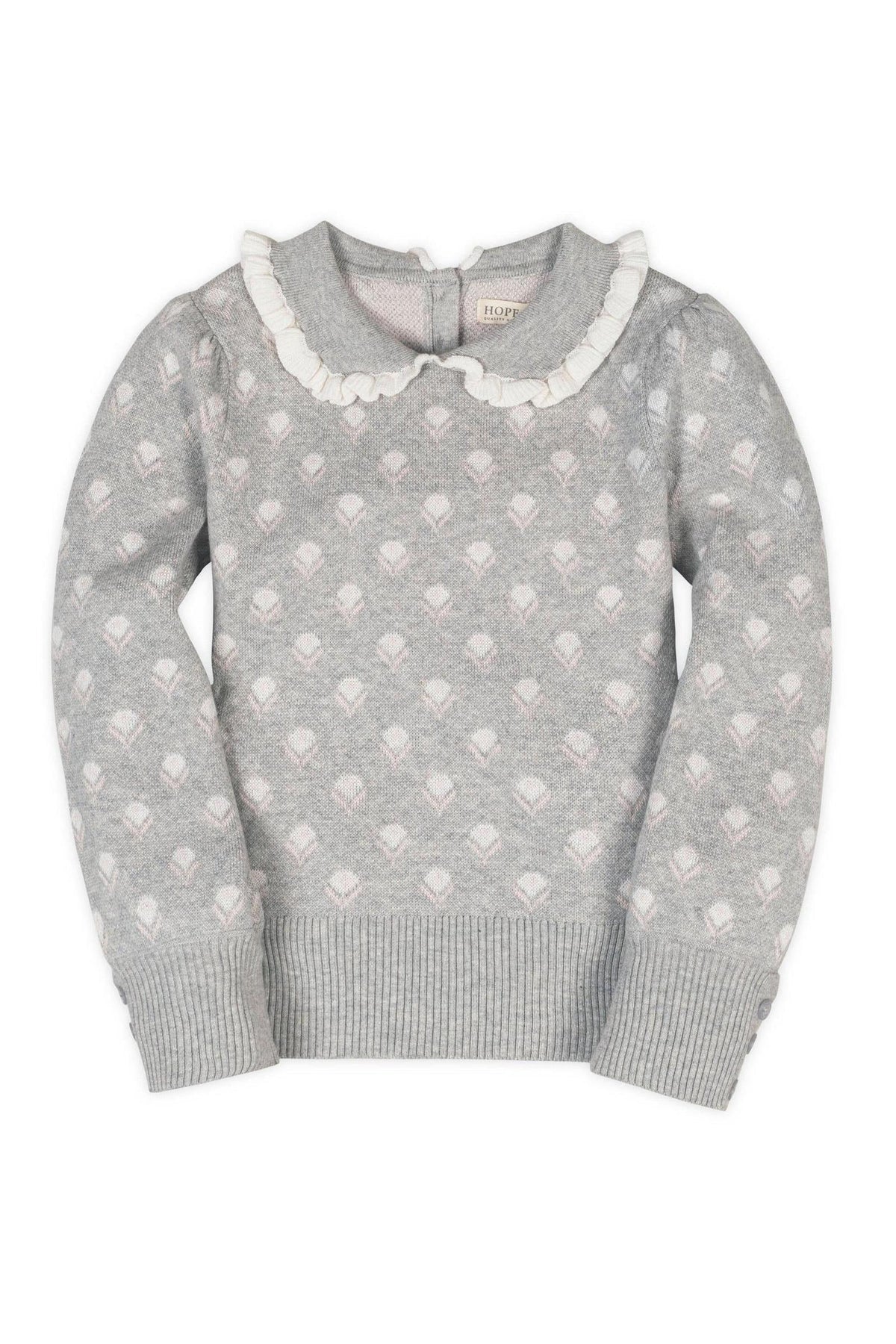 Gray sweater featuring a Peter Pan collar with ruffle edging and floral intarsia design, made from soft organic cotton.