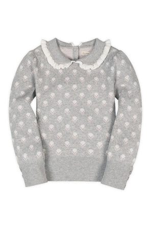 Gray sweater featuring a Peter Pan collar with ruffle edging and floral intarsia design, made from soft organic cotton.