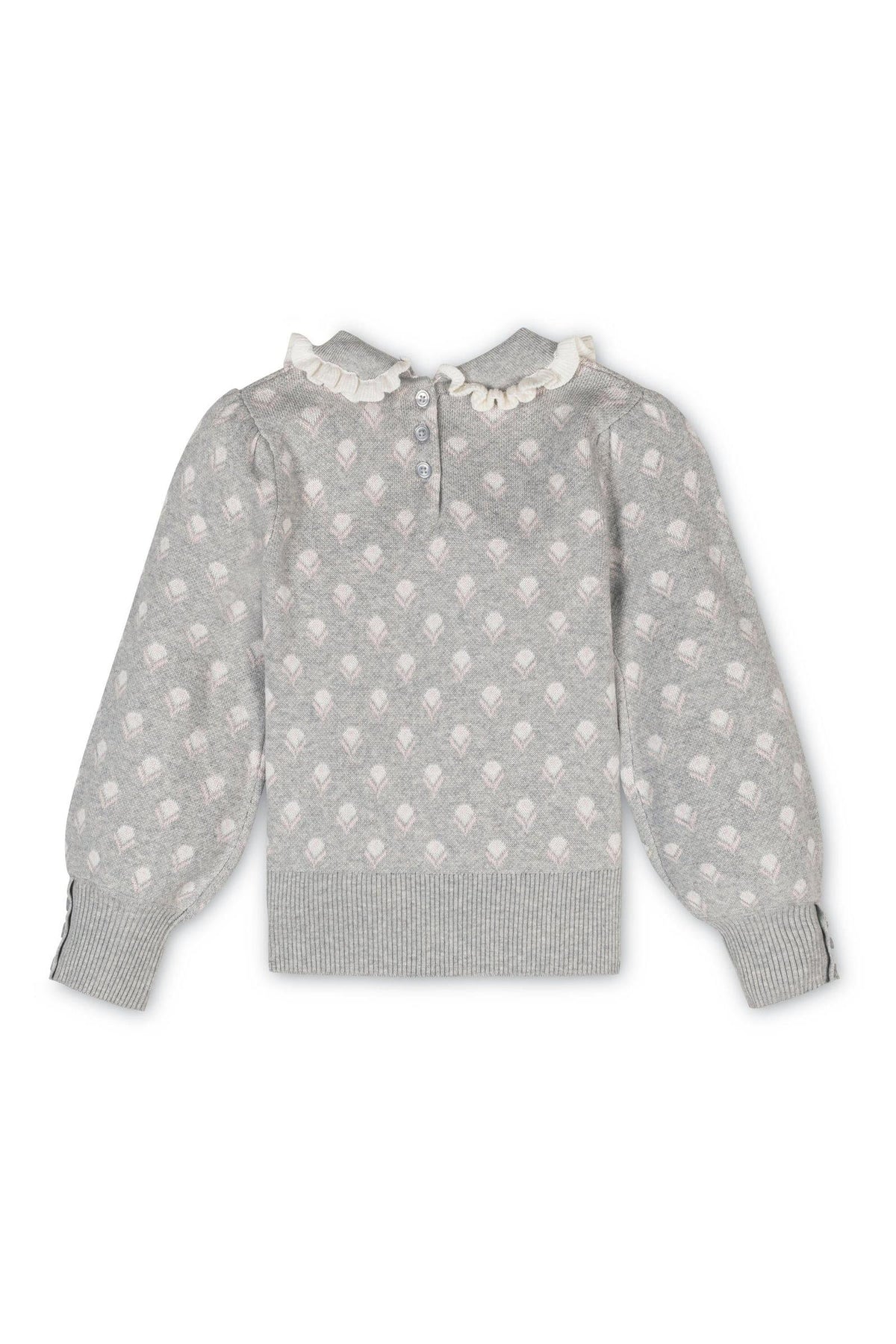Gray sweater featuring a Peter Pan collar, floral intarsia design, and soft ruffle edging, perfect for toddlers and kids.