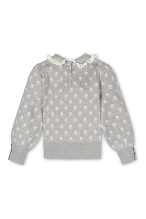 Gray sweater featuring a Peter Pan collar, floral intarsia design, and soft ruffle edging, perfect for toddlers and kids.