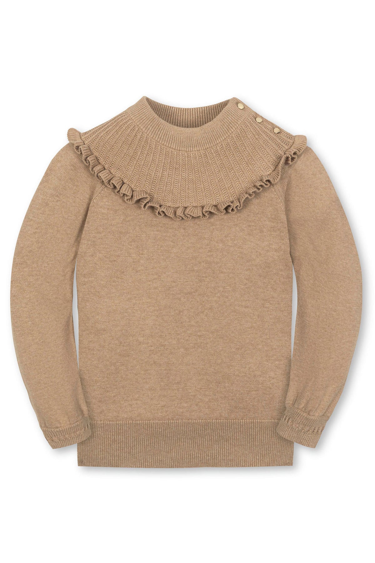 A camel heather organic cotton mock neck sweater features a ruffled collar and button details, designed for girls. Its soft rib knit texture offers refined comfort for cooler weather.