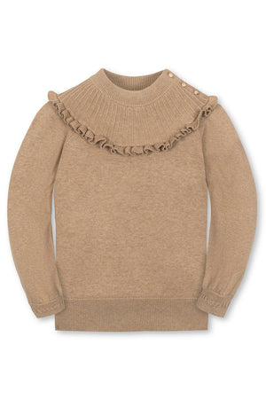 A camel heather organic cotton mock neck sweater features a ruffled collar and button details, designed for girls. Its soft rib knit texture offers refined comfort for cooler weather.