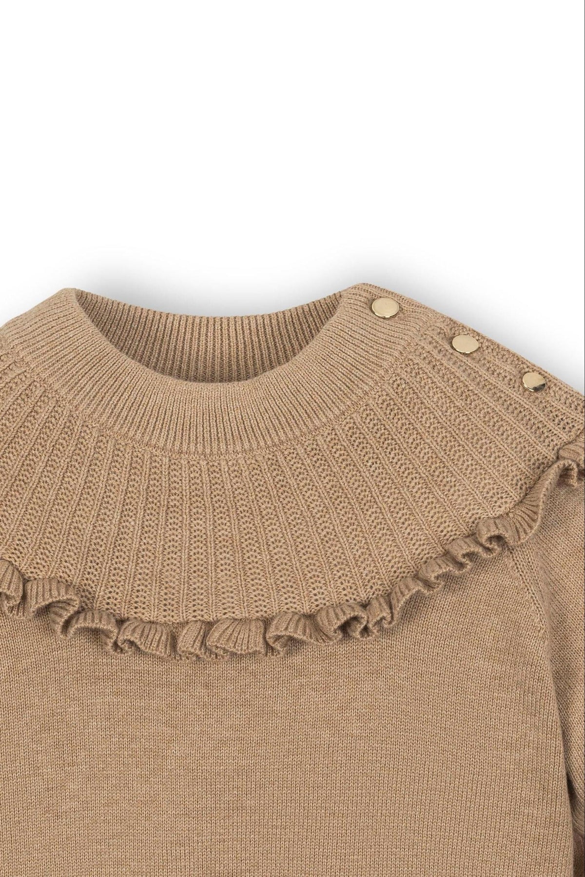 Close-up of a camel heather organic cotton mock neck sweater featuring a ruffle around the collar and decorative buttons on the shoulder, designed for toddlers and kids by Hope &.