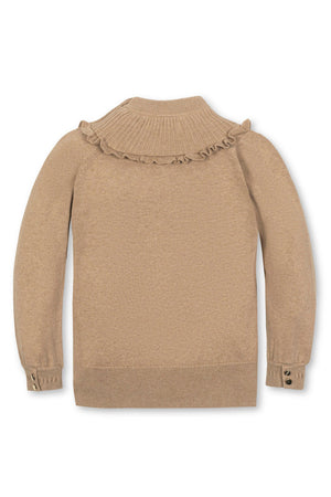 Back view of a camel heather mock neck sweater for girls by Hope & Henry, featuring a ruffled collar, ribbed knit texture, and button accents at the cuffs, made from.